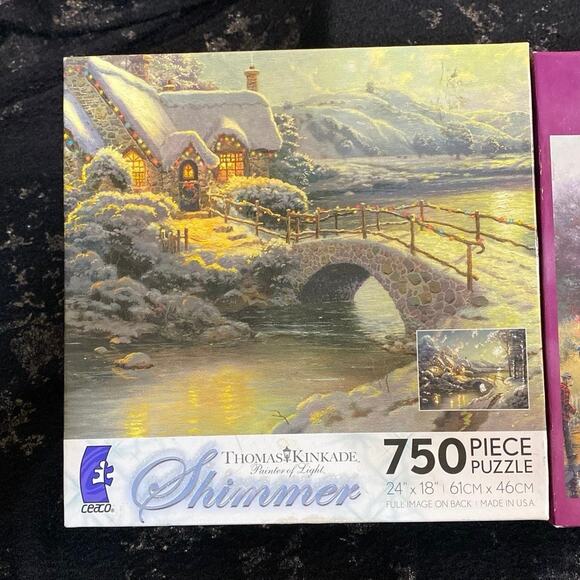 Thomas Kinkade Puzzle Bundle 2 Brand New Winter Holiday Snow Corkboard Shimmer - Picture 2 of 10